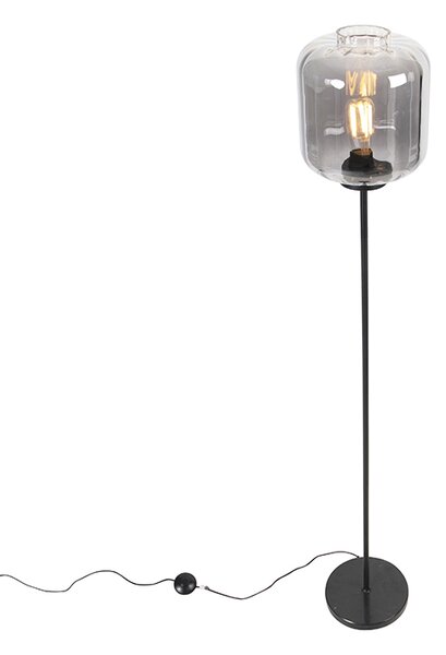 Designová stojací lampa černá s kouřovým sklem - Qara