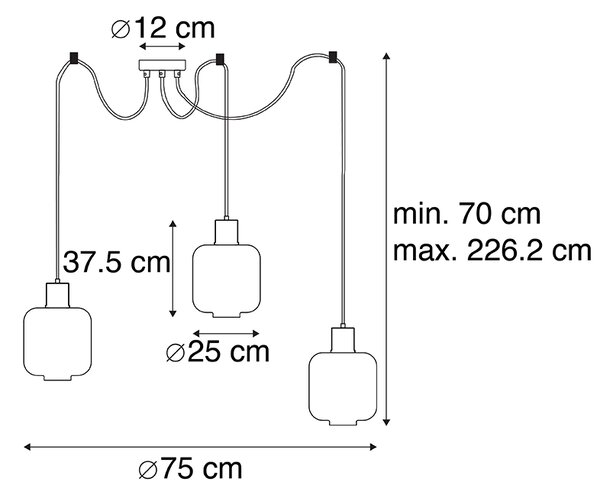 Designové závěsné svítidlo černé s jantarovým sklem 3-světlo 226 cm - Qara