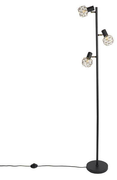 Designová stojací lampa černá se zlatem 3-světlo nastavitelné - Mesh