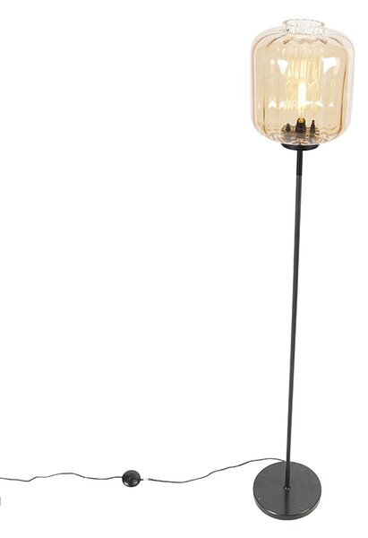 Designová stojací lampa černá s jantarovým sklem - Qara