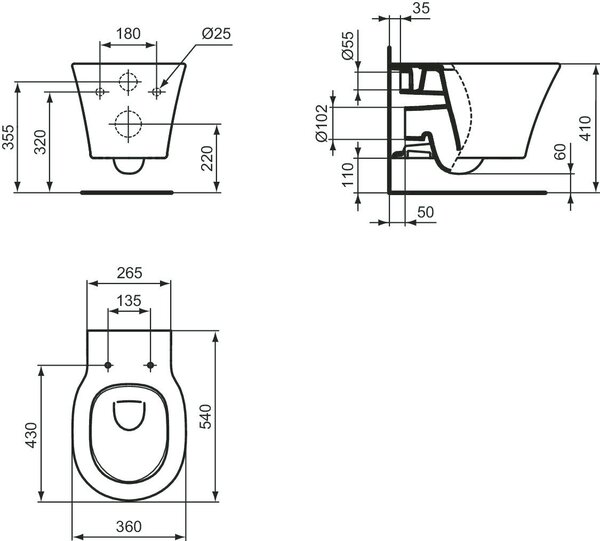 Závěsné WC Ideal STANDARD Connect Air s hlubokým splachování bez splachovacího okraje AquaBlade matně černé bez WC sedátka E0054V3