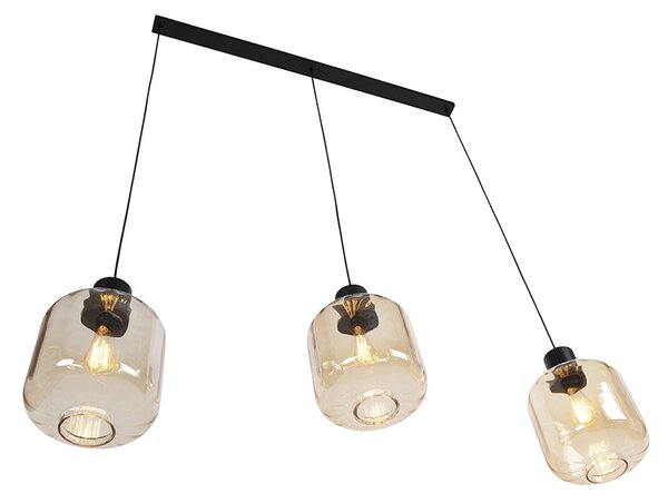 Designové závěsné svítidlo černé s jantarovým sklem 3-světlo 161,5 cm - Qara