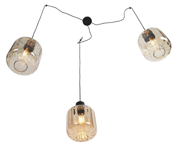 Designové závěsné svítidlo černé s jantarovým sklem 3-světlo 226 cm - Qara