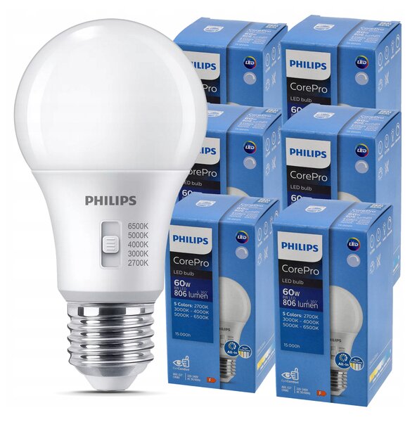 6x stmívatelná LED žárovka E27 8W 806lm 5CCT CorePro 2700K - 6500K