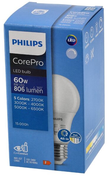 LED žárovka E27 stmívatelná 8W 806lm A60 5CCT Philips 2700K - 6500K