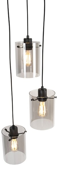 Designové závěsné svítidlo černé s kouřovým sklem 3-světlo - Dome