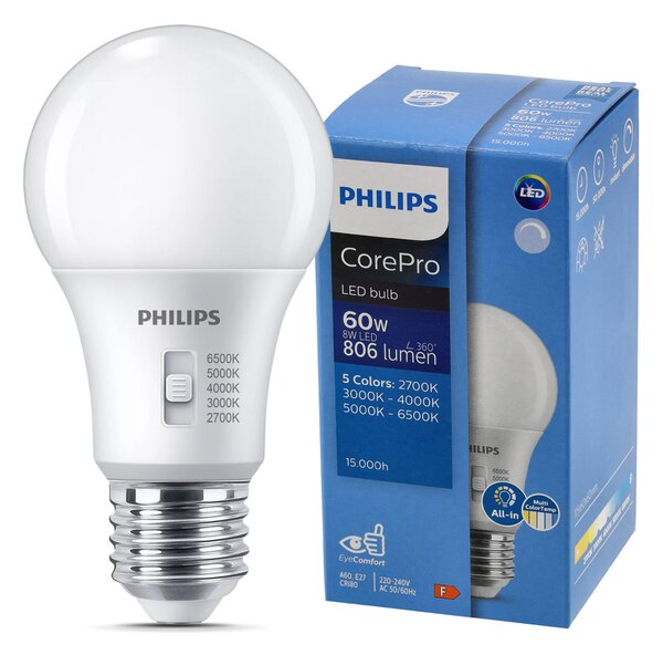 LED žárovka E27 stmívatelná 8W 806lm A60 5CCT Philips 2700K - 6500K