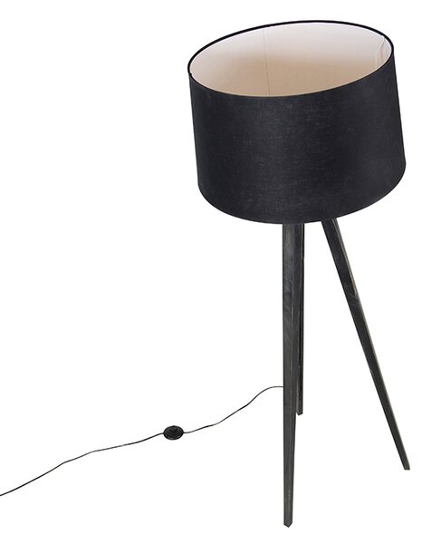 Stojací lampa na stativu černá s lněným stínítkem černým 45 cm - Tripod Classic