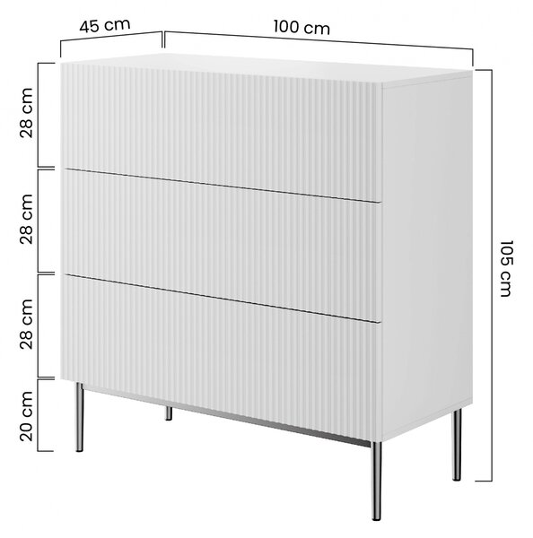 Moderní komoda Nicole 100 cm s zásuvkami a ryhovaným čelem - kašmír / černé nožky