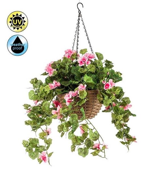 Umělá květina Geránium růžová v závěsném květináči venkovní, 45cm