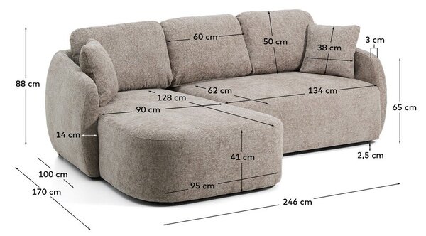 Taupe žinylková rozkládací rohová pohovka (levý roh/s lenoškou) Laira – Kave Home