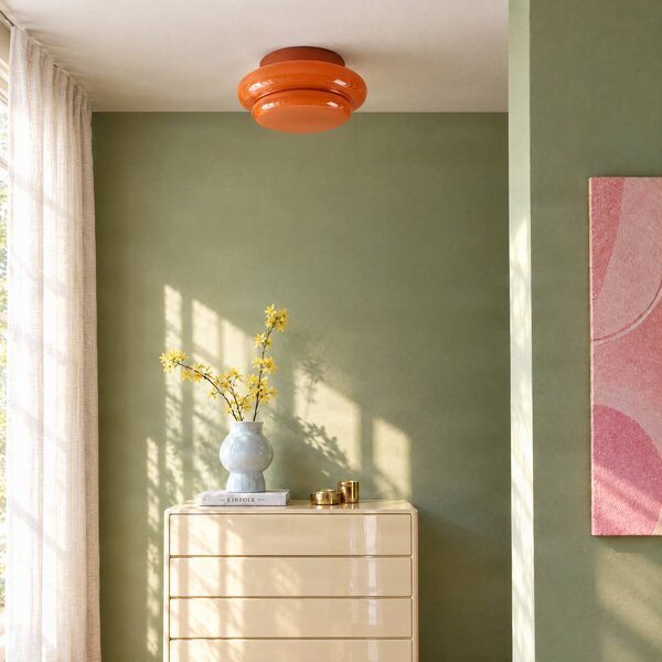 Lucande Stropní světlo Leilani, Ø 35 cm, oranžové, E27, sklo, stmívatelný, Žlutá / oranžová, Obývací pokoj / jídelna, Sklo, Design