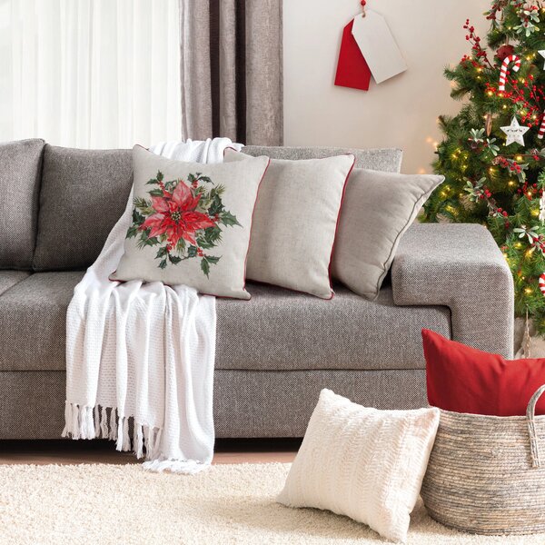 VÁNOČNÍ DEKORAČNÍ POVLAK NA POLŠTÁŘ POINSETTÍ 45X45 CM VZOROVANÁ