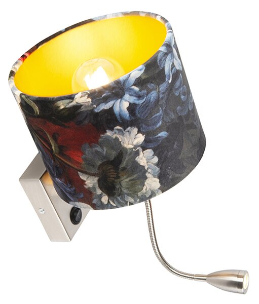 Nástěnná lampa ocelová s sametovým stínítkem s květy a zlatem - Brescia