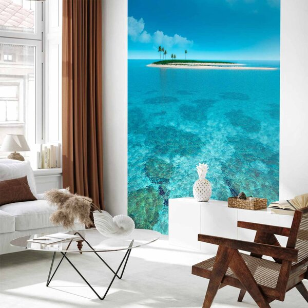 Fototapeta Modrá krajina - opuštěný ostrov s palmami na pozadí tyrkysového oceánu