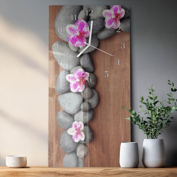Skleněné hodiny vertikální Orchidejové kameny zsppb-30x60-00090994