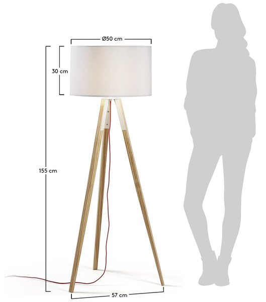 Bílá bavlněná stojací lampa Kave Home Iguazu 157 cm s borovicovou podstavou