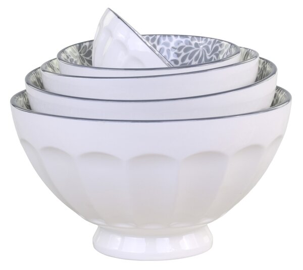 Set 5ks bílá porcelánová miska se šedými detaily uvnitř Arés - Ø15*9 cm - Chic Antique