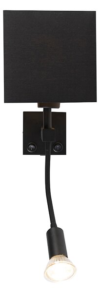Moderní nástěnná lampa černá s USB a čtvercovým černým stínítkem - Zeno