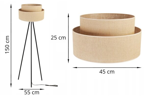 Stojací lampa Juta, 1x jutové stínítko, černá konstrukce, m