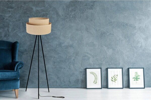 Stojací lampa Juta, 1x jutové stínítko, černá konstrukce, m