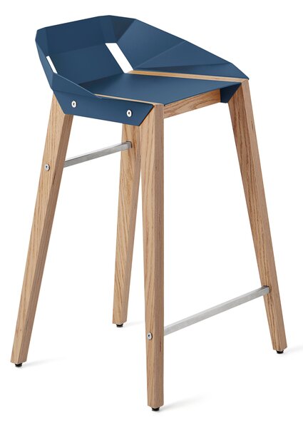 Modrá hliníková barová židle Tabanda DIAGO 62 cm s dubovou podnoží