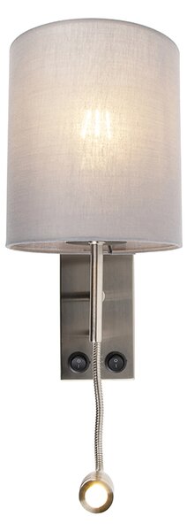 Moderní nástěnná lampa ocel s šedým bavlněným stínítkem - Stacca