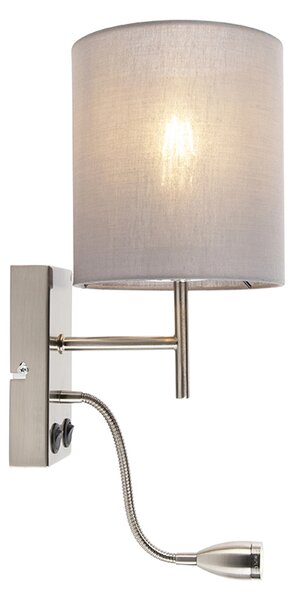 Moderní nástěnná lampa ocel s šedým bavlněným stínítkem - Stacca