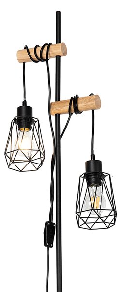 Rustikální stojací lampa černá se dřevem 2-světlo s stínítkem - Dami Frame