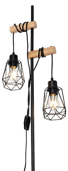 Rustikální stojací lampa černá se dřevem 2-světlo s stínítkem - Dami Frame