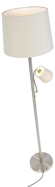 Klasická stojací lampa ocelová s šedým kloboukem a lampičkou na čtení - Retro