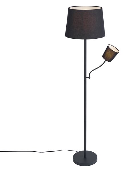 Klasická stojací lampa černá s černým stínítkem a lampičkou na čtení - Retro