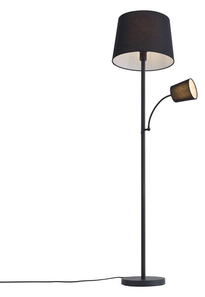 Klasická stojací lampa černá s černým stínítkem a lampičkou na čtení - Retro