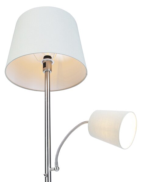 Klasická stojací lampa ocelová s šedým kloboukem a lampičkou na čtení - Retro