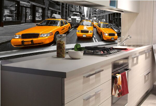 DIMEX | Fototapeta do kuchyně Žluté taxi KI-180-041 | 180 x 60 cm | černobílá, žlutá