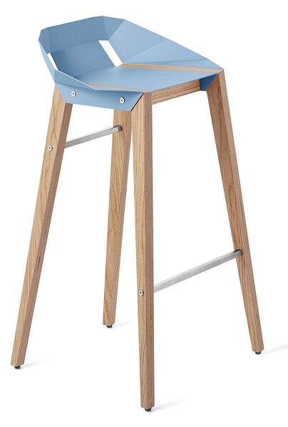 Světle modrá hliníková barová židle Tabanda DIAGO 75 cm s dubovou podnoží