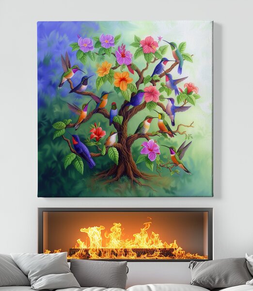Obraz na plátně - Strom života Kolibřík v harmonii FeelHappy.cz Velikost obrazu (šířka x výška): 40 x 40 cm