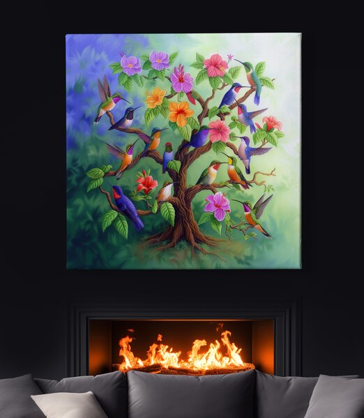 Obraz na plátně - Strom života Kolibřík v harmonii FeelHappy.cz Velikost obrazu (šířka x výška): 40 x 40 cm