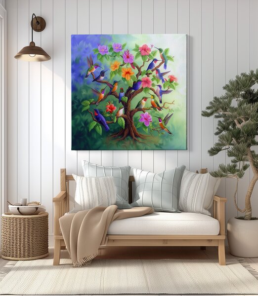 Obraz na plátně - Strom života Kolibřík v harmonii FeelHappy.cz Velikost obrazu (šířka x výška): 40 x 40 cm