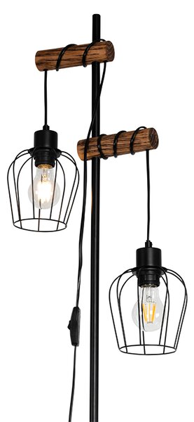 Rustikální stojací lampa černá se dřevem 2-světlo - Stronk