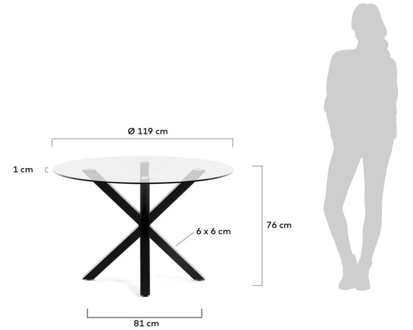 Skleněný jídelní stůl Kave Home Argo 119 cm s černou kovovou podnoží