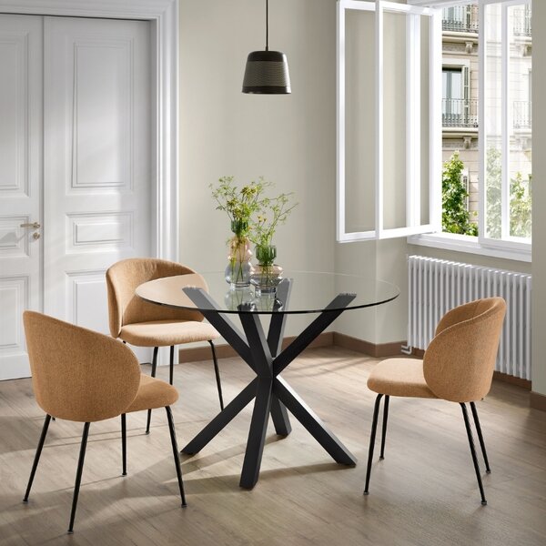 Skleněný jídelní stůl Kave Home Argo 119 cm s černou kovovou podnoží