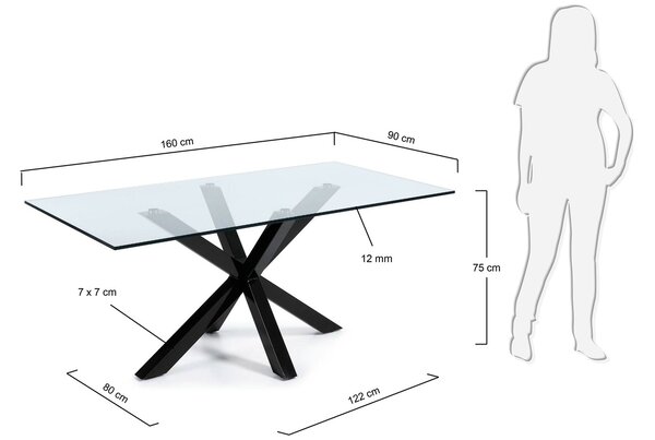 Skleněný jídelní stůl Kave Home Argo 160 x 90 cm s černou kovovou podnoží