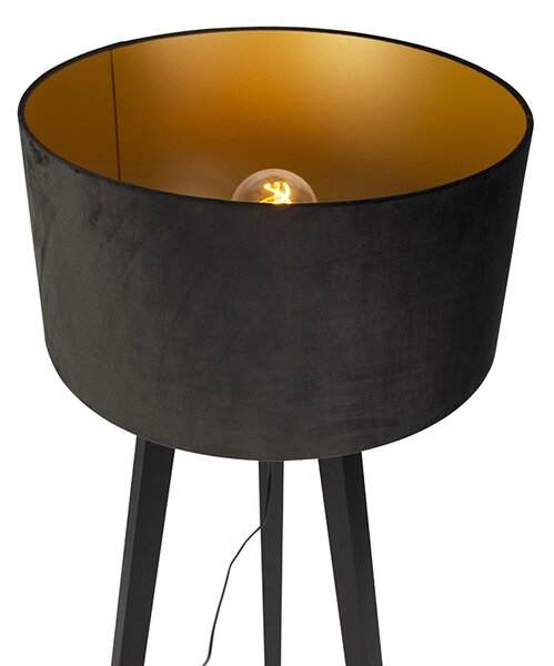 Stojací lampa trojnožka černá dřevo s černým stínítkem 50 cm - Puros