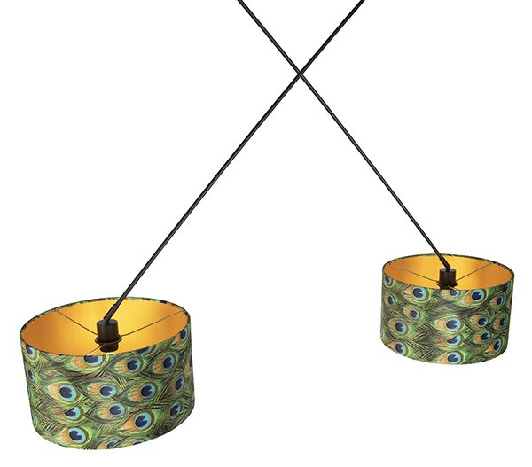 Závěsné svítidlo černé s sametovými stínidly Peacock se zlatem 35 cm 2-světlo - Blitz