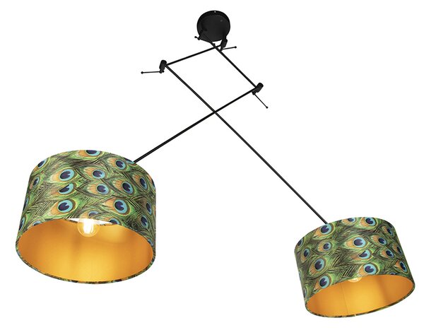 Závěsné svítidlo černé s sametovými stínidly Peacock se zlatem 35 cm 2-světlo - Blitz