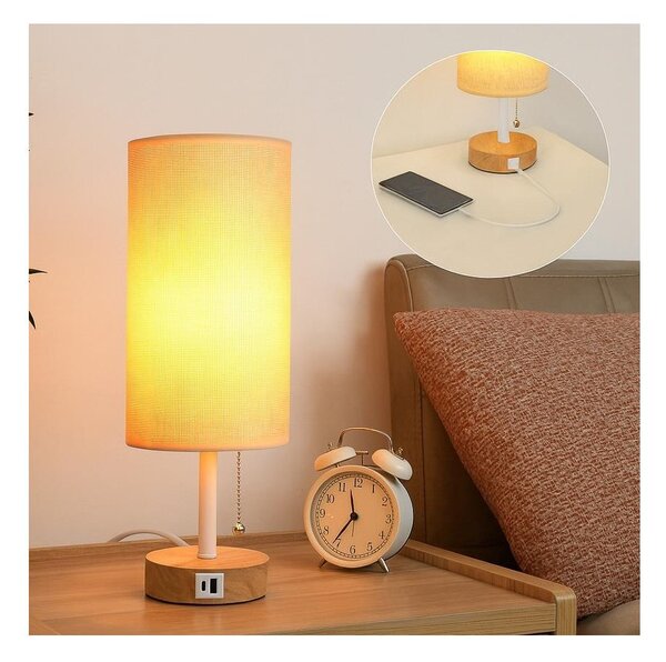 Brilagi - Stolní lampa s USB portem TABLON 1xE27/25W/230V dub/bílá/béžová