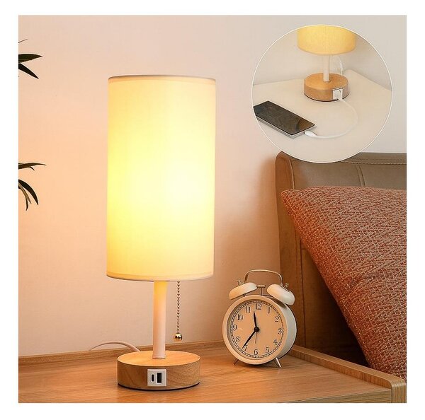 Brilagi - Stolní lampa s USB portem TABLON 1xE27/25W/230V dub/bílá/krémová