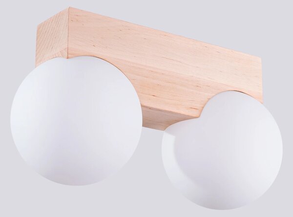 Stropní svítidlo Bulbo, 2x bílé skleněné stínítko, dřevo