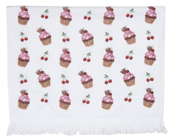 Bílý kuchyňský froté ručník s dortíčky Cherry Cupcake – 40x66 cm